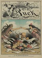 In his second childhood / F. Graetz., Illustration shows 'Germania' and 'Columbia' holding hands above and behind a child-like Otto von Bismarck who is tearing papers labeled 'Lasker Resolution' while sitting on the floor among other torn papers labeled ' [UIG110170998]