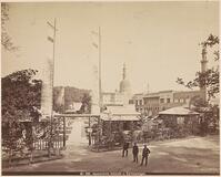 View of the Japanese Pavilion at the 1873 World's Fair in Vienna, Austria, Japanesische Gebaude u. Gartenanlagen klosz (mentioned on object), Vienna, 1873, cardboard, paper, albumen print, height 319 mm width 479 mm. [UIG110171040]