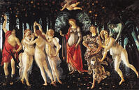 La Primavera', c. 1482: painting by the Italian Renaissance painter Sandro Botticelli c. 1445 - 1510. Venus is standing in the center of the picture. Above her, Cupid is aiming one of his arrows of love at the Charites (Three Graces). The Grace on the rig [UIG110171042]