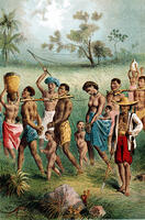 Band of male, female and child captives driven into slavery by Arab slave traders. Men are fastened together with slave forks. From The Life and Explorations of David Livingstone c1875. Chromolithograph [UIG110171058]