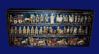 The War frieze from the Standard of Ur. Sumerian artefact excavated from the Royal Cemetery in Ur (located in modern-day Iraq). The Standard of Ur dates from around 2600 - 2400 BCE, and was excavated by British archaeologist Sir Leonard Woolley in the 19 [UIG110171062]