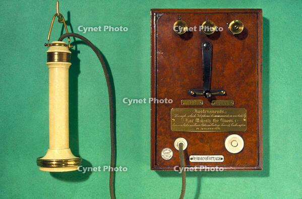 Early Bell telephone and terminal panel, 1877. [UIG110170920]
