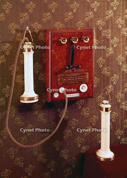 Early Bell telephone and terminal panel, 1877. [UIG110170922]