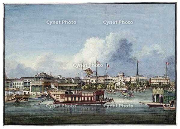 China: 'The Hongs or Foreign Factories by the Pearl River in Canton'. Gouache on Vellum. Anonymous German painter, 1850. [UIG110170944]