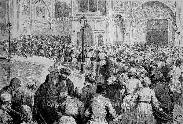 The tobacco revolt in Persia. Crowd in front of the palace of the Shah calls for the lifting of the monopoly, Woodcut from 1892 [UIG110170954]