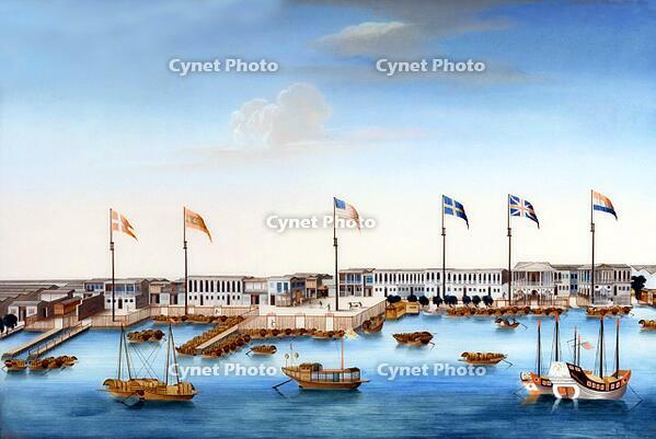 China: The foreign factories with their respective flags by Canton Harbour, c. 1805. Reverse painting on glass by a Chinese artist. [UIG110170977]