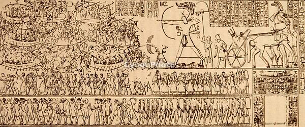 Ramesses III (the second Pharaoh of the Twentieth Dynasty) defeats the Sea People. Rameses III is considered to be the last great New Kingdom king to wield any substantial authority over Egypt. His long reign saw the decline of Egyptian power, linked to a [UIG110171034]
