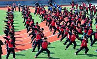 A primary school student in Runan, Henan Province, practiced martial arts during recess, demonstrating Shaolin and Wudang skills with impressive form. [IMC111460075]
