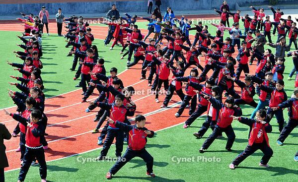 A primary school student in Runan, Henan Province, practiced martial arts during recess, demonstrating Shaolin and Wudang skills with impressive form. [IMC111460075]